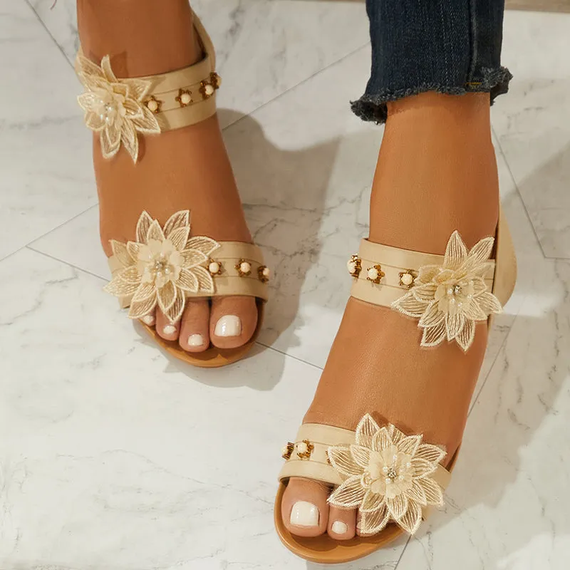 Sohiwoo Women Floral Decor Low Wedge Heels Open Toe Ankle Strap Sandals