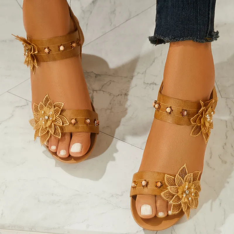 Sohiwoo Women Floral Decor Low Wedge Heels Open Toe Ankle Strap Sandals