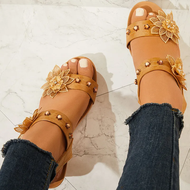Sohiwoo Women Floral Decor Low Wedge Heels Open Toe Ankle Strap Sandals