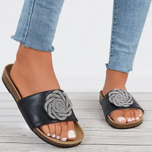 Sohiwoo  Women Glitter Sandals Black Casual Flat Slippers