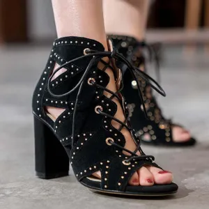 Strap Lace Up Chunky Heel Cutout Sandals