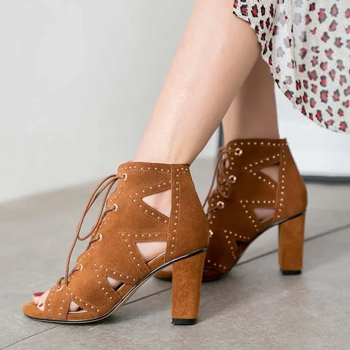 Strap Lace Up Chunky Heel Cutout Sandals