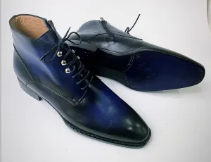 Tucci Di Lusso Mens Special Edition Italian Leather Navy Blue Handmade Luxury Dress Ankle Boots