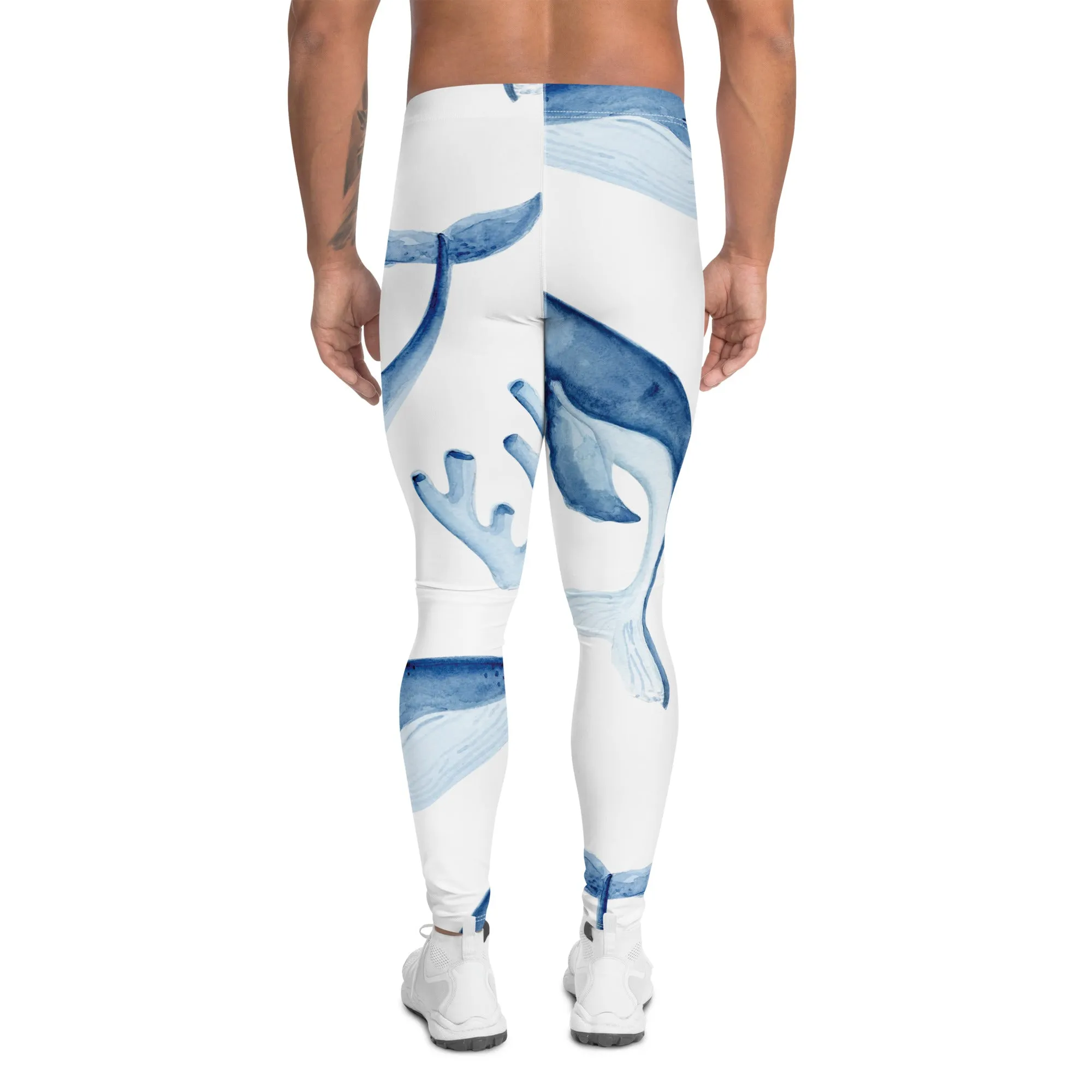 Whale Pattern Cute Men's Leggings, White Blue Whale Printed Designer Men's Compression Sports Tights - Made in USA/EU/MX