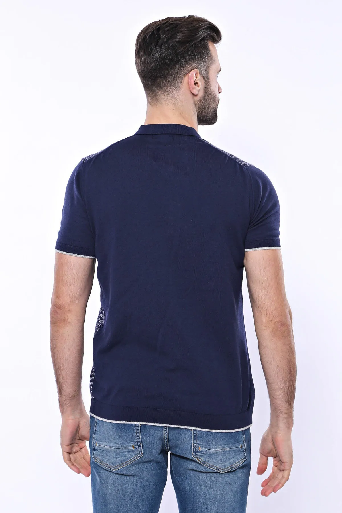 WSS Navy Plaid Zippered Knitted Polo T-Shirt  - Singen