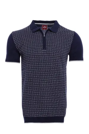 WSS Navy Plaid Zippered Knitted Polo T-Shirt  - Singen