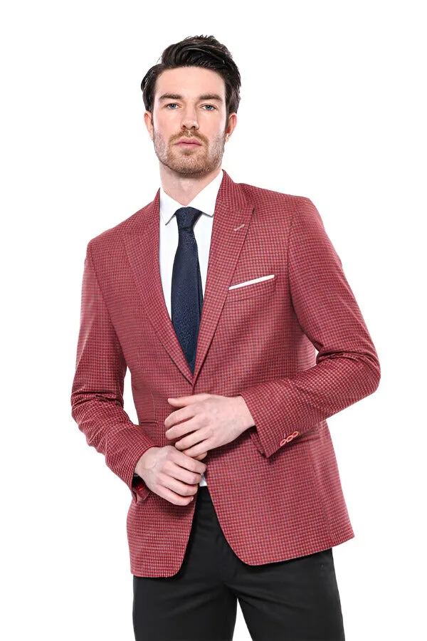 WSS Patterned Claret Red Slim-Fit Blazer  - Singen